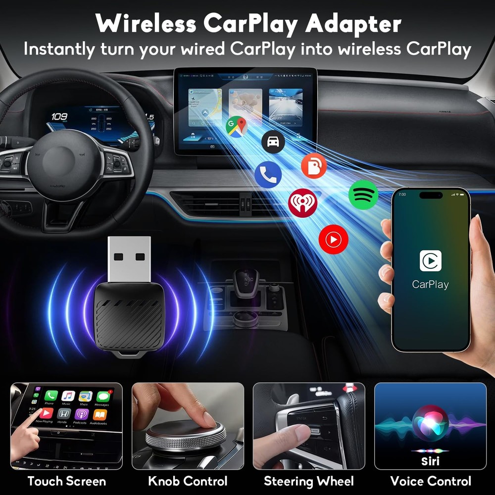 Android Auto & Wireless CarPlay Adapter with Type-C Transfer, 2-in-1 Mini Don...