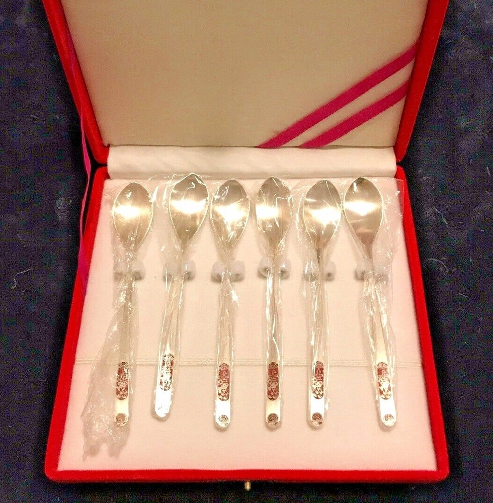 800 Silver Spoon Set New In Box Red Enamel Chinese