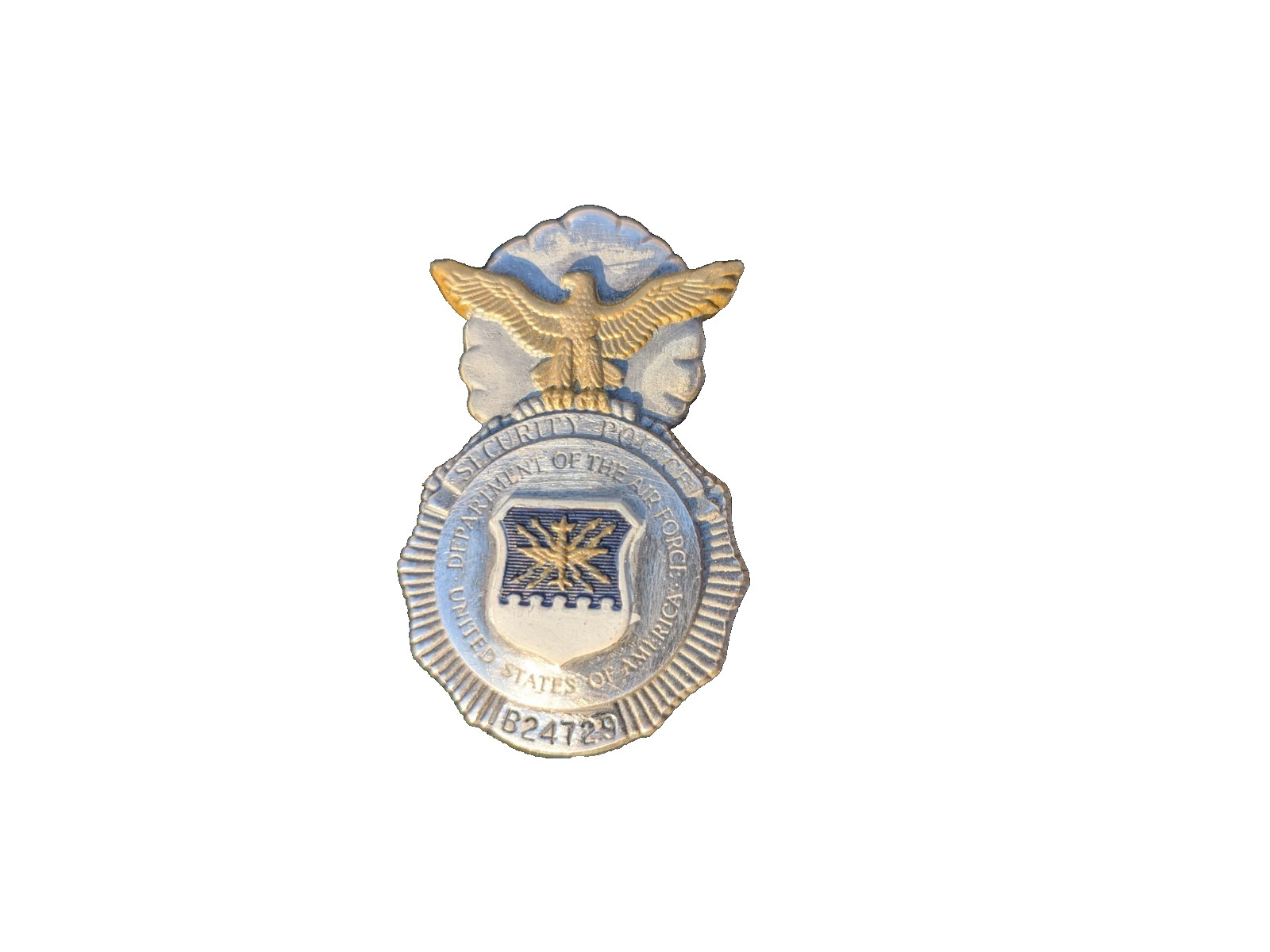 USAF Air Force security forces SP mini metal pin vintage white, blue and gold