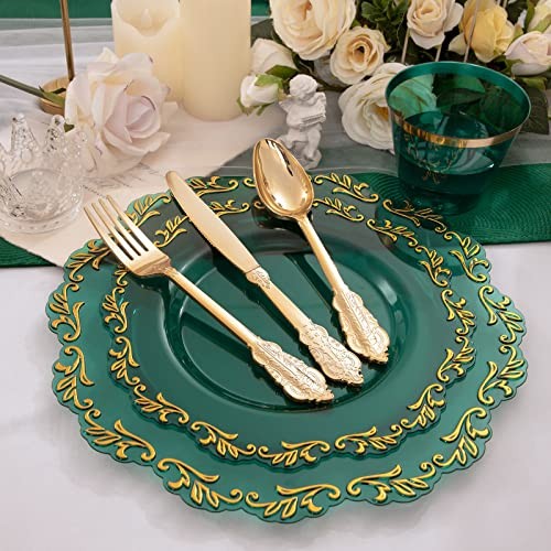 175PCS Clear Plastic Plates & Gold Plastic Silverware & Clear Cups & Green