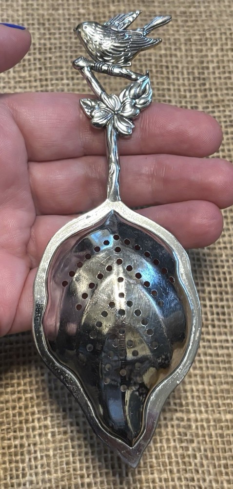 Vintage Silver Plated Bird Leaf Tea Strainer Cottage Core Nature Elegant