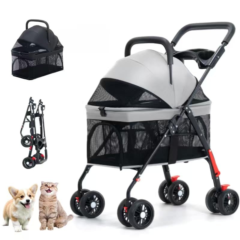 3-in-1 Pet Stroller with Detachable Carrier, Cup Holder & Adjustable Canopy -...