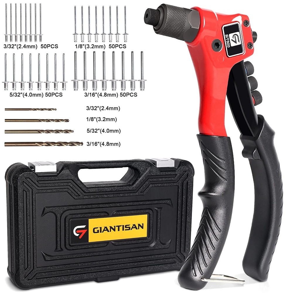 Rivet Gun, Pop Rivet Tool Kit with 200 Rivets and 4 Drill Bits, Manual Hand R...