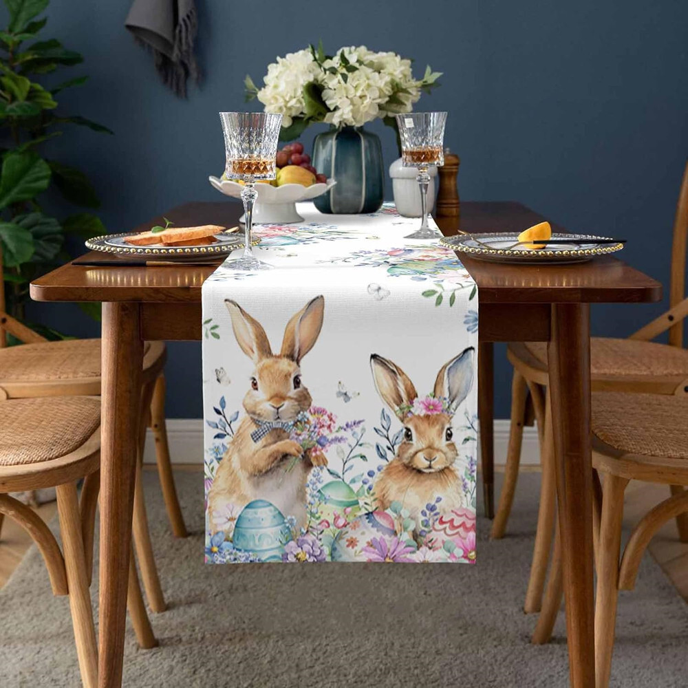 1 PC Easter Table Flag Bunny Eggs Long Eucalyptus Leaf Print Table Runner