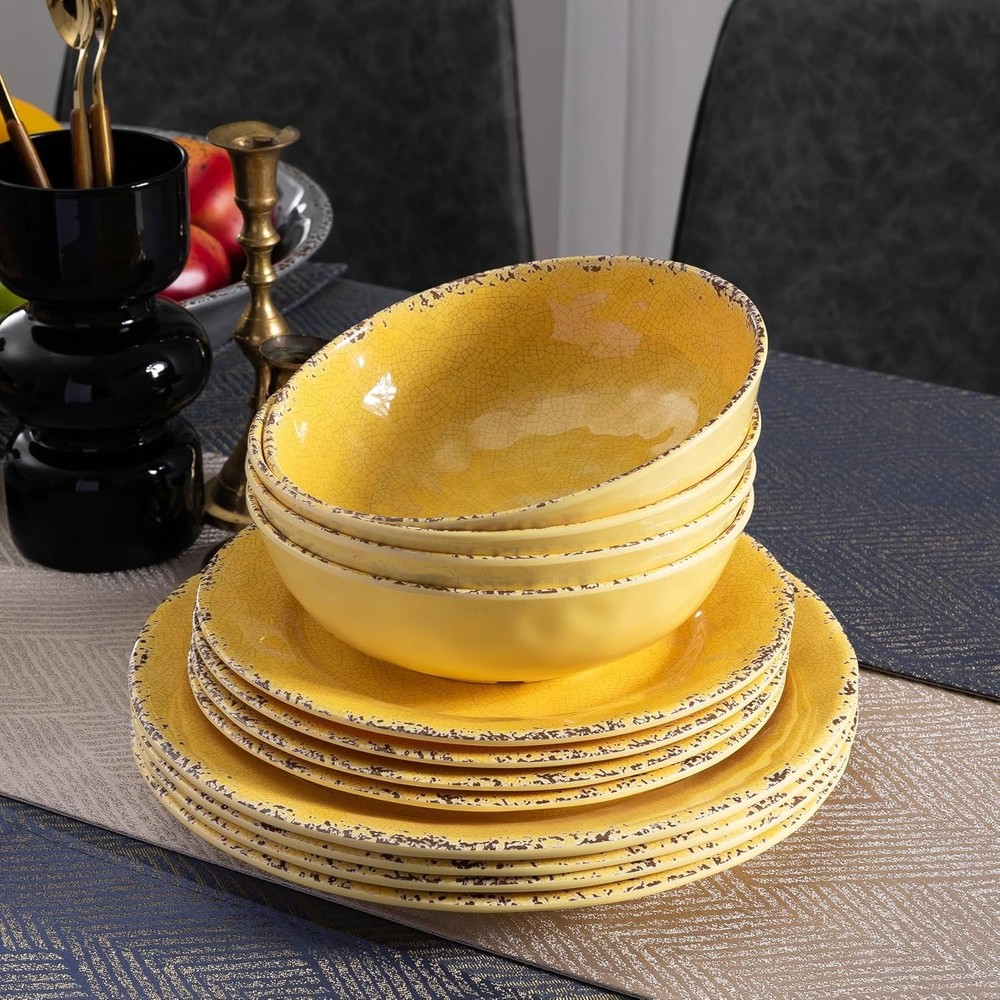 12-Piece Rustic Melamine Dinnerware Set W/ Dinner Plate Salad Plate And Large