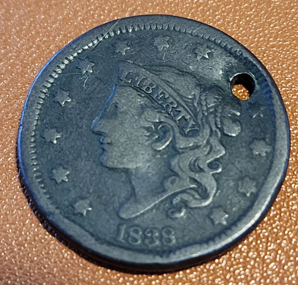2 Coins - Both 1838 Coronet Head Large Cent Penny - Holed
