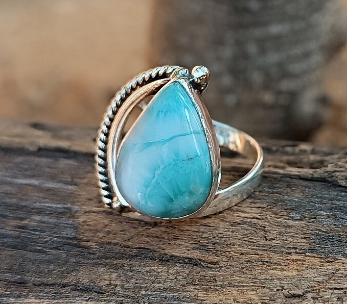 Solid 925 Sterling Silver Natural Larimar Pear Gemstone Twisted Rope Band Ring