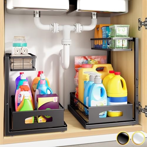 Under Sink Organizer  Height Adjustable Cabinet Organizer with 2 Pack Black