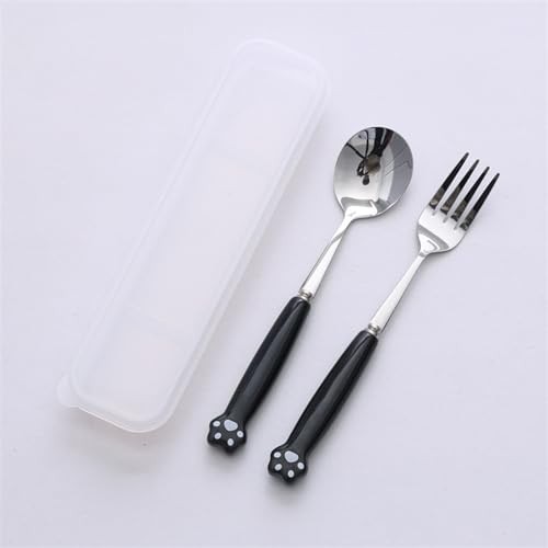 Cute Silverware Set, Cat Paw Ceramic Handle FORK SPOON WITH CASE Black