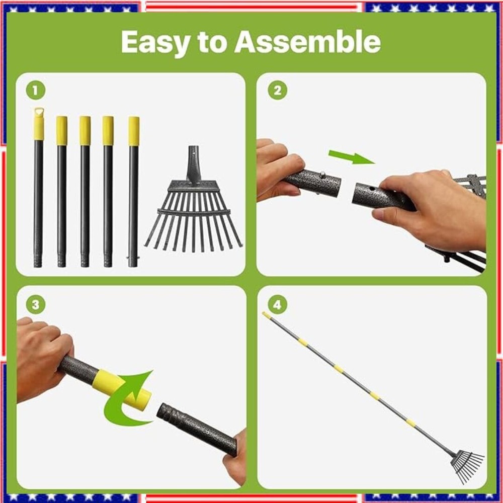 Adjustable Garden Leaf Rake 70 Foldable Metal Yard Rake for Leaves with Exp