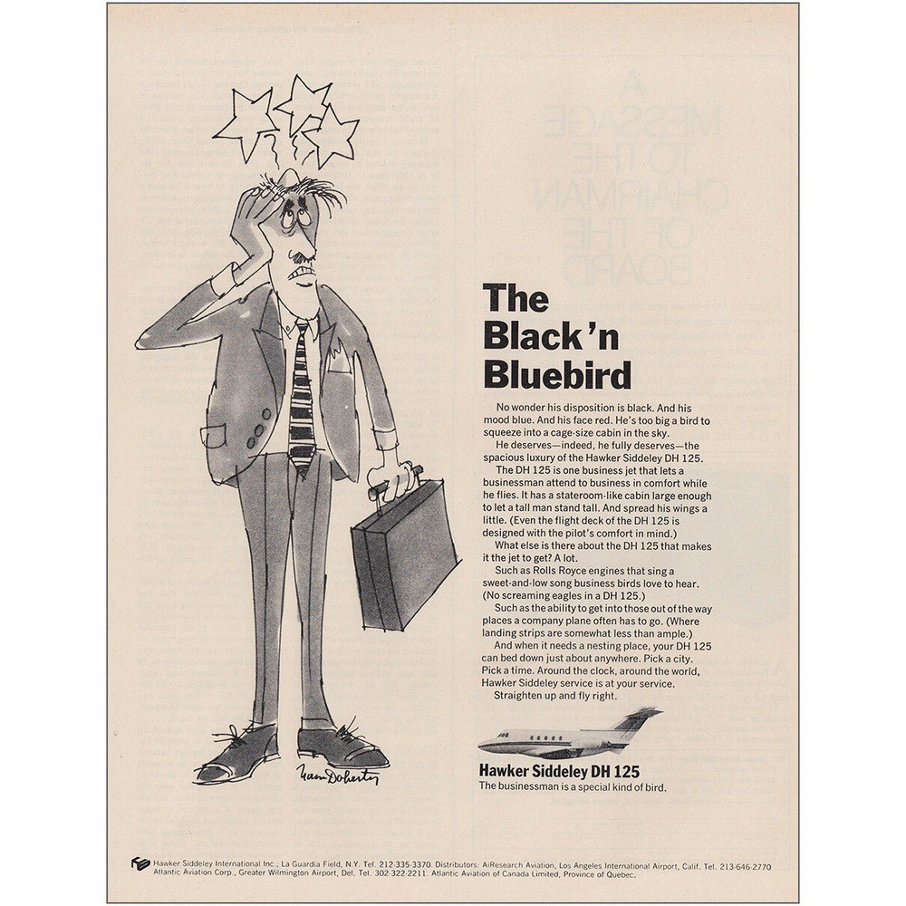 1970 Hawker Siddeley DH125: Black n Bluebird Vintage Print Ad