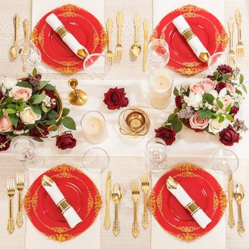 350PCS Plastic Plates - Gold Plastic Dinnerware Sets for 50 Guests - 100 Red