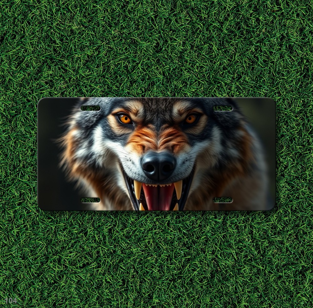 Aggressive Wolf License Plate with Fangs Customizable Auto Tag Unique Gift
