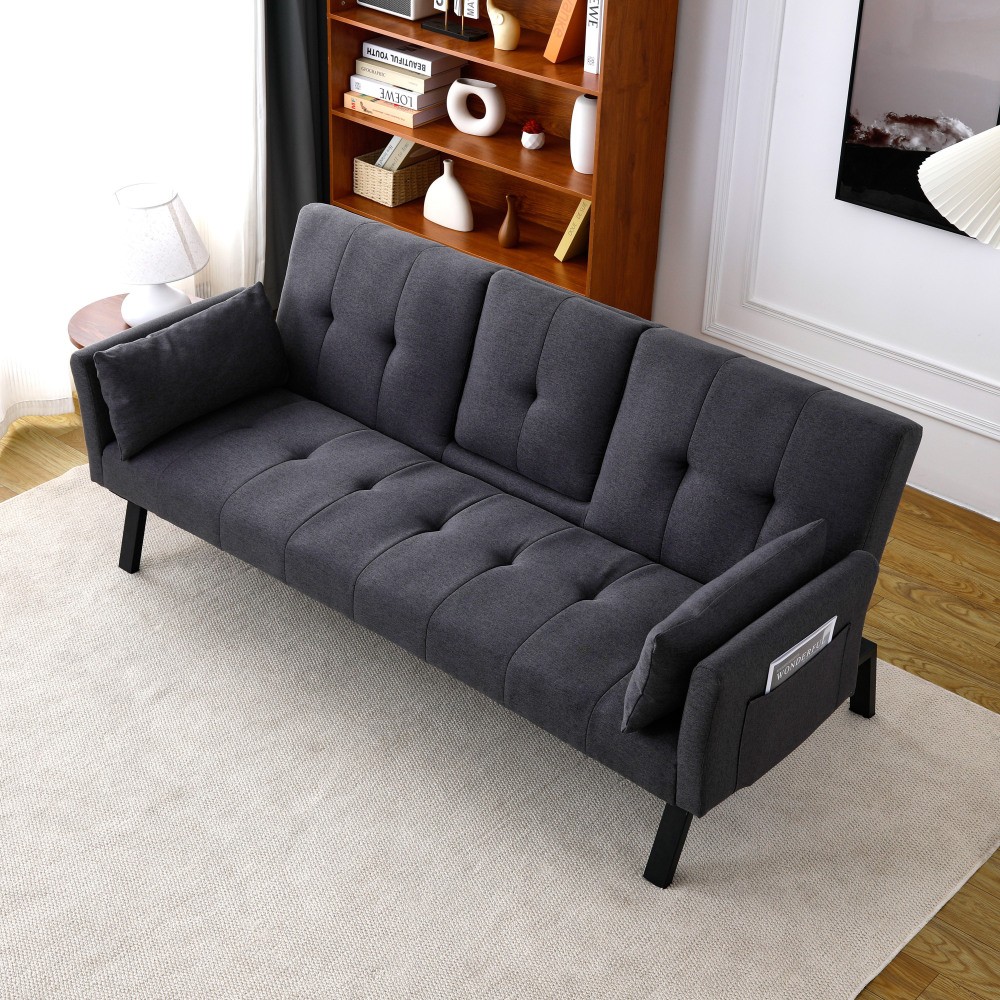 70-inch Multi-functional Cotton and Linen Sofa Bed, Foldable Side Storage