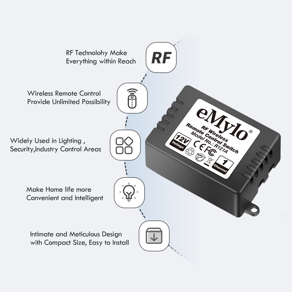 Emylo Wireless Remote Switch RF DC 12V 1 Channel One Relay Light Switch Transmit