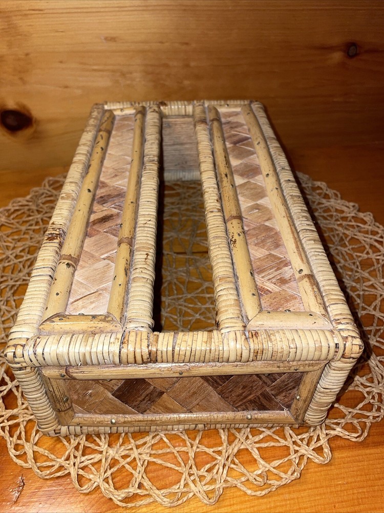 Vintage Tissue Box Cover Holder Bamboo Rattan Wicker Coastal Boho Rectangular