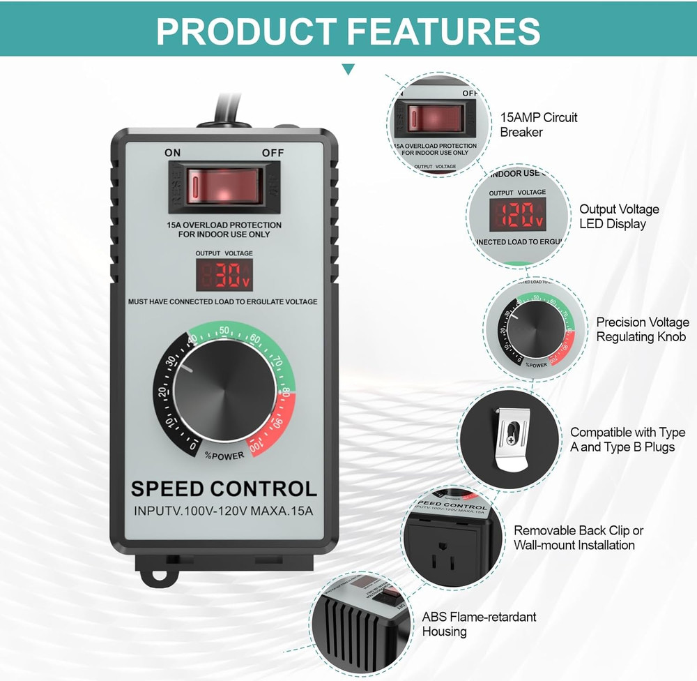 High-Capacity AC Motor Speed Controller 120V 15A 4000W Universal Variable Bright