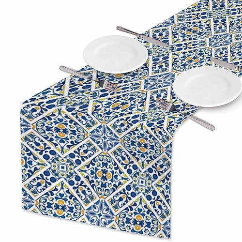 HOSNYE Table Runner Blue Ethnic Geometric Flower Pattern,Cotton pattern-B017
