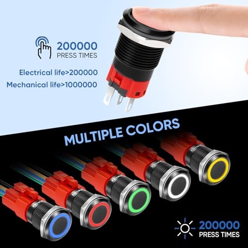 16MM Latching 12V Push Button Switch On Off,Waterproof Black Shell Blue LED