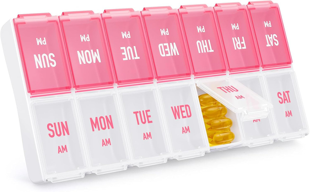 Weekly Large Pill Organizer 2 Times a Day AM PM Pill Box Container Pink