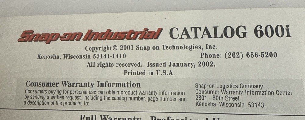 Snap On Industrial Catalog 600i Printed 2001