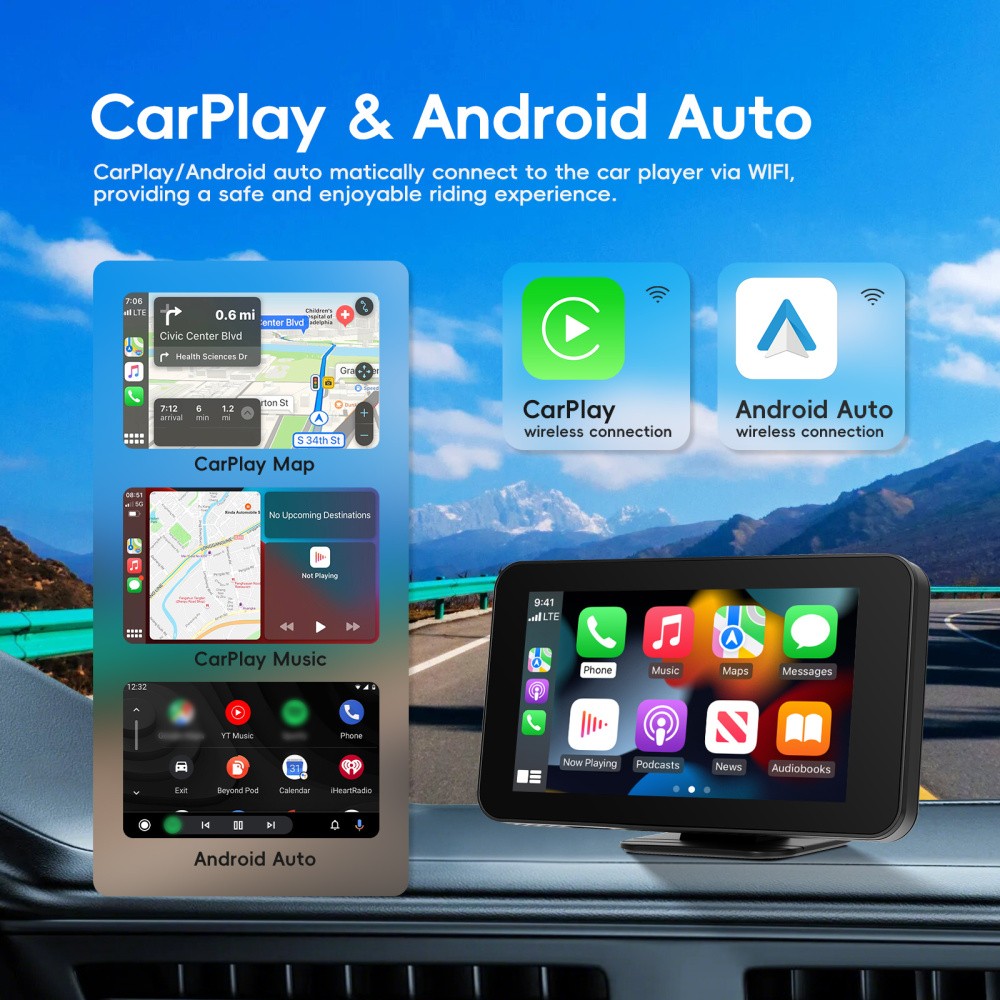 4.7" Touch Screen BT Wireless Apple Carplay Android Auto Car Stereo Portable