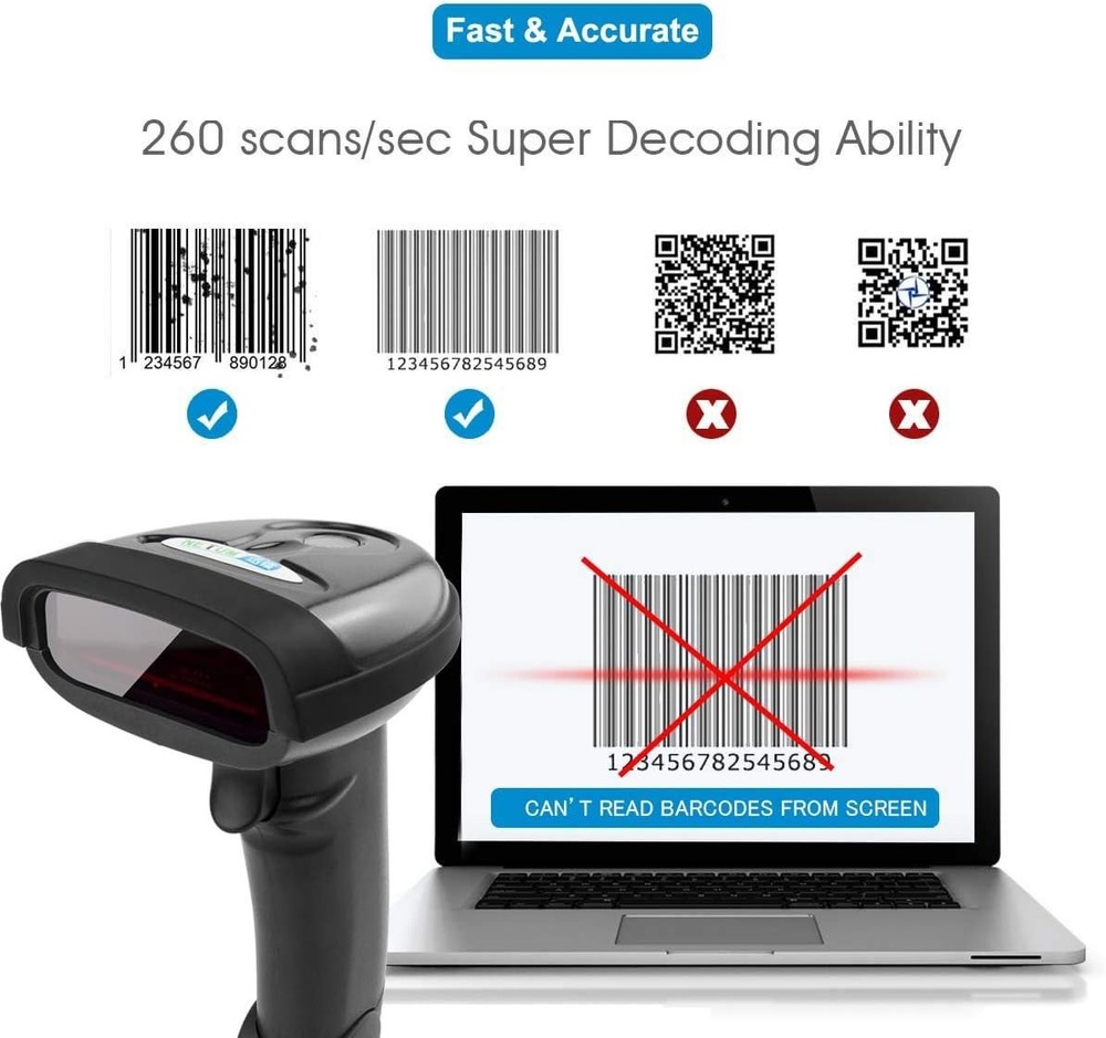 2-in-1 Wireless & USB Barcode Scanner - Rechargeable 1D Laser Reader (NT-1698W)