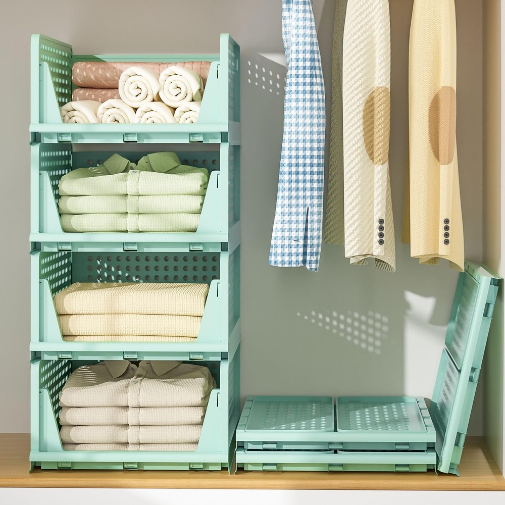 Closet Organizer, 4 Pack Stackable Storage Bins for Closet Shelves, Plastic S...