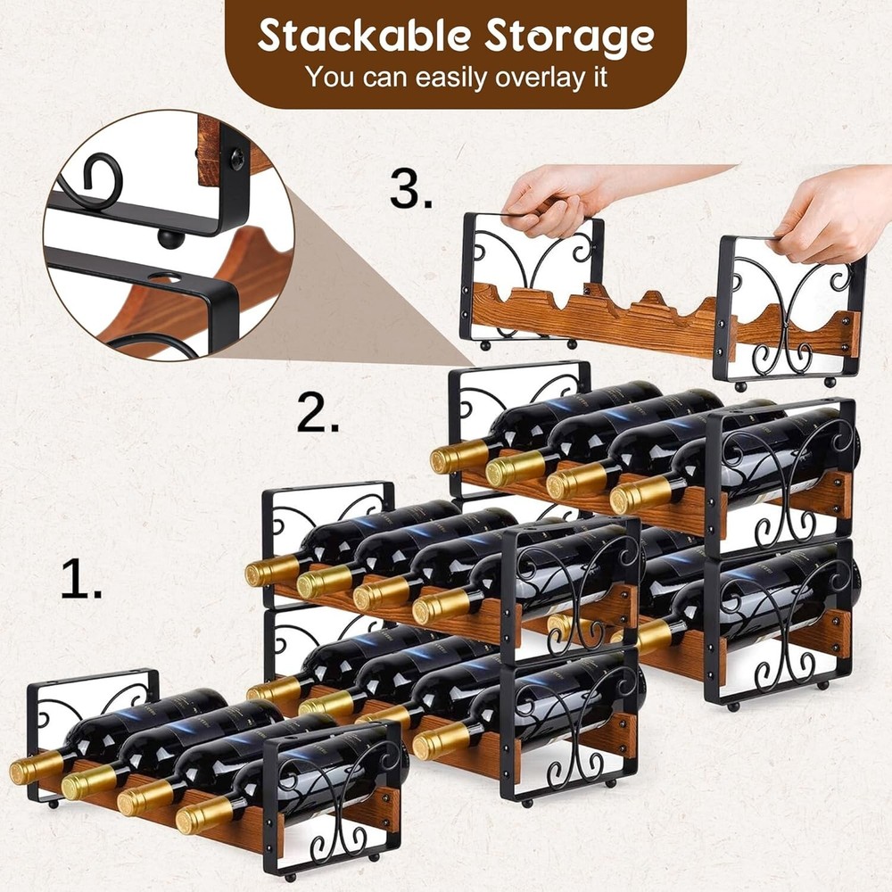 Innovative Stackable Wine Rack for 12 Bottles - Easy Assembly, Black Finish