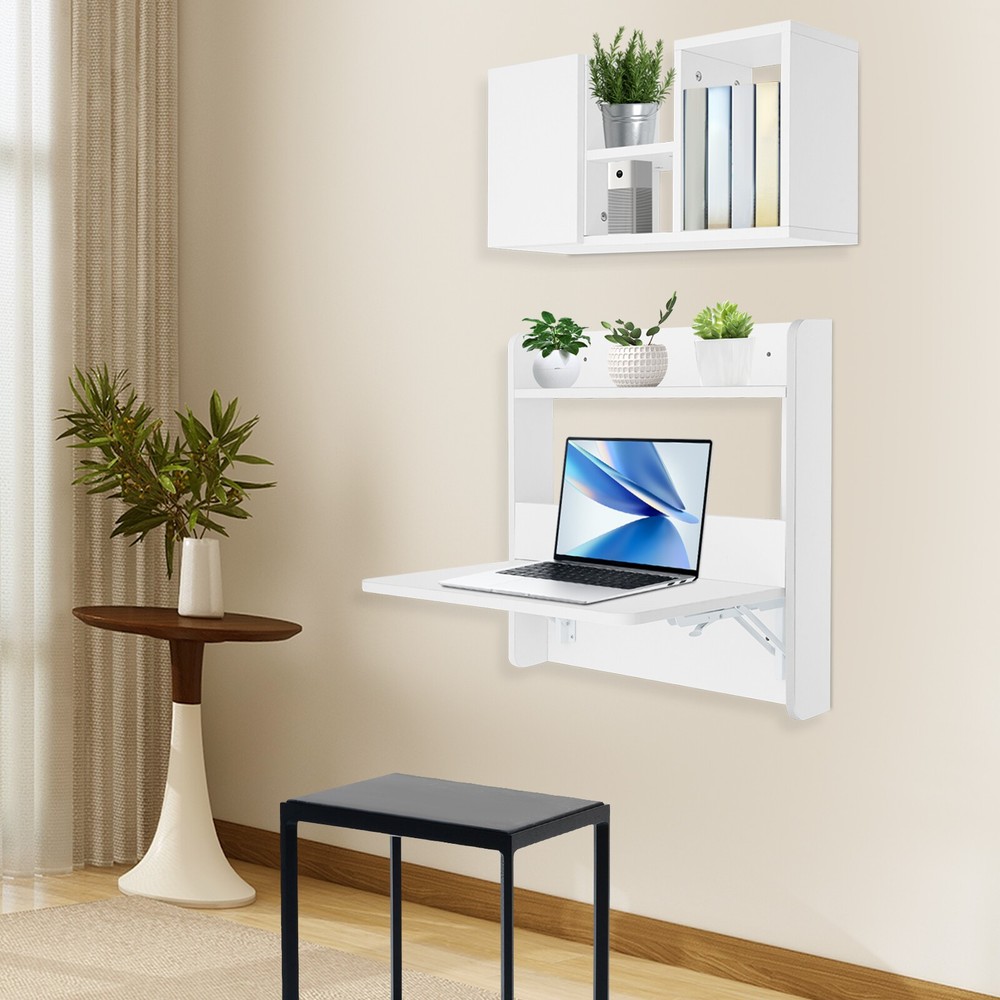2-tier Wall Mounted Bookshelf Folding Space Saving Table Fold Down Laptop Desk