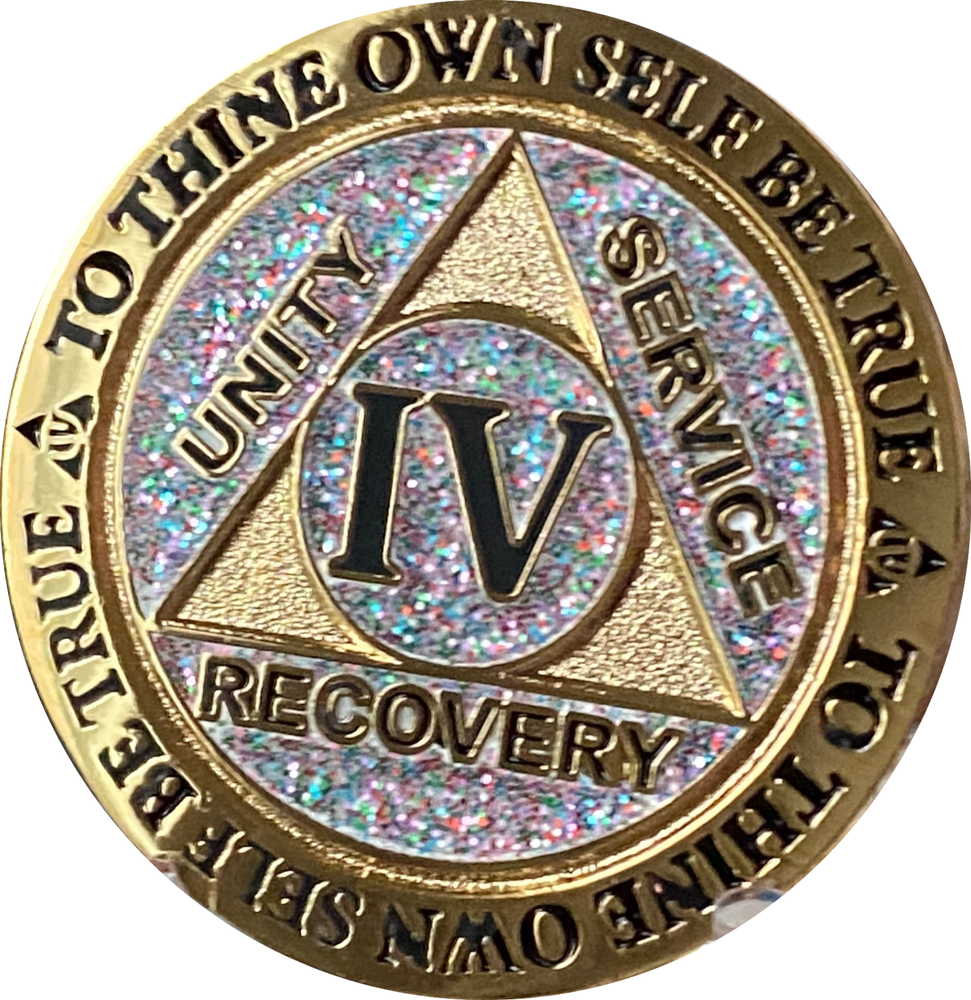 4 Year AA Medallion Funfetti Glitter Gold Sobriety Chip