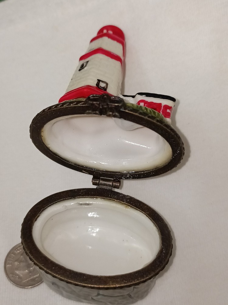 Lighthouse Hinged Trinket Hidden Box Ceramic Red White