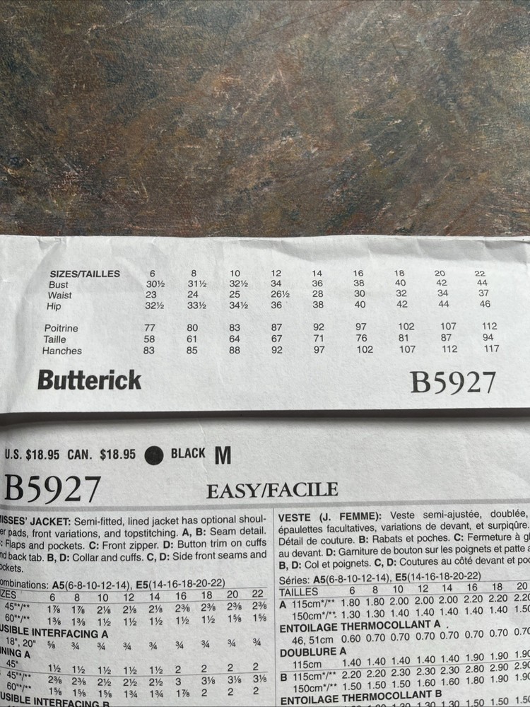 Butterick B5927 Semi-Fitted, Lined Jacket w Flaps & Pockets Sz 6-14 UC Pattern