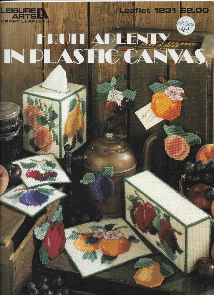 USED FRUIT APLENTY COASTERS TISSUE COVER PLASTIC CANVAS PATTERN LEAFLET