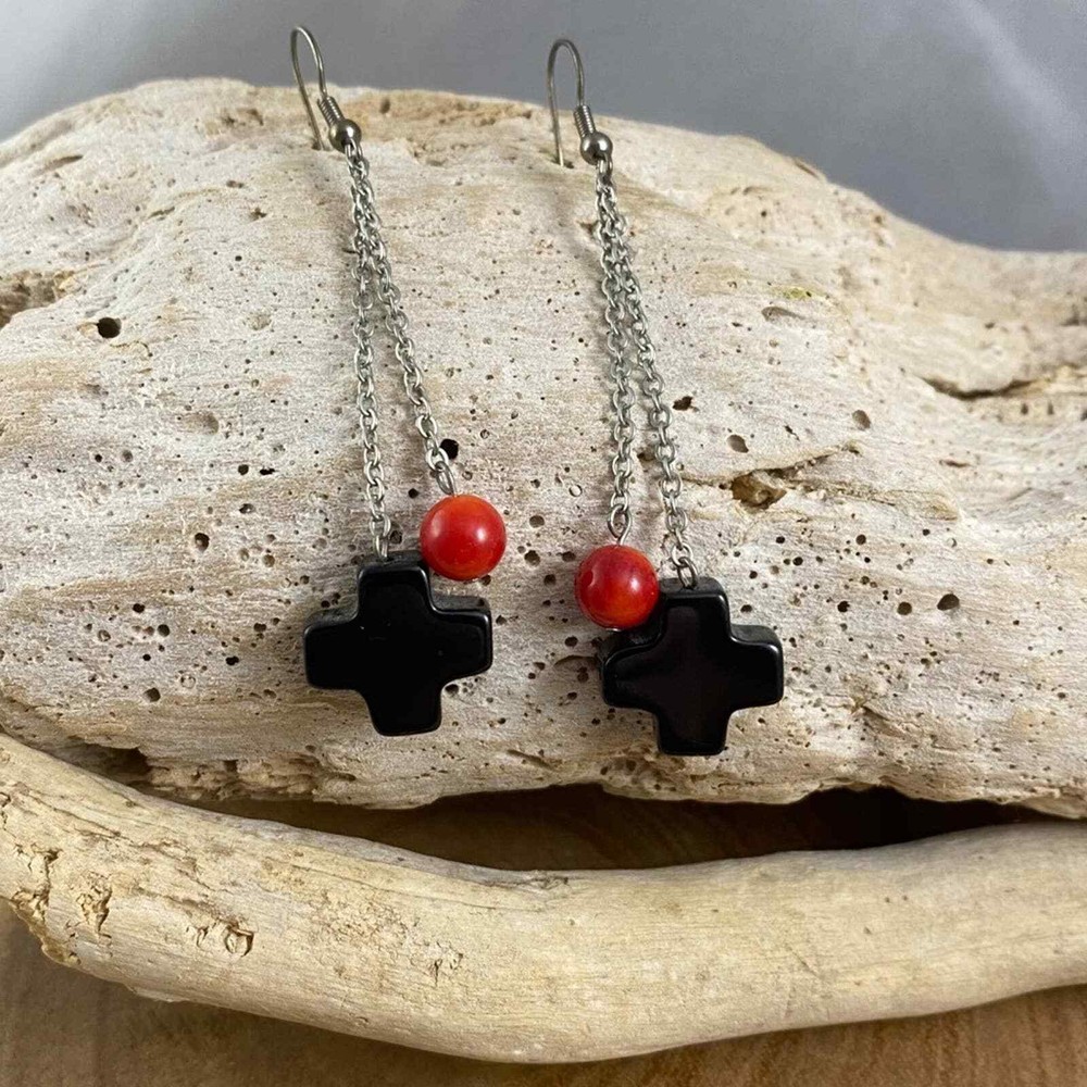 Black Onyx Stone Cross Chain Dangle Earrings