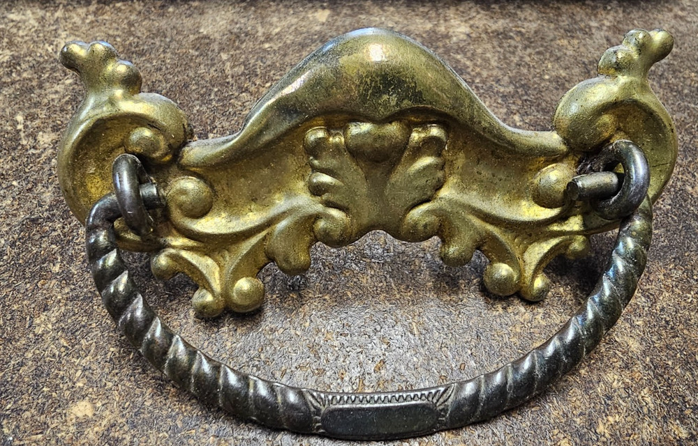 3 Antique Stamped Brass Drawer Pulls Handles Back Plates