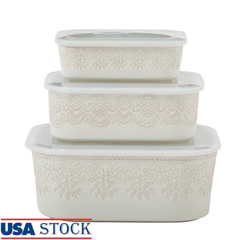 Vintage Lace 6-Piece Rectangular Ceramic Bakeware Set W/ Lids Serving Storage US