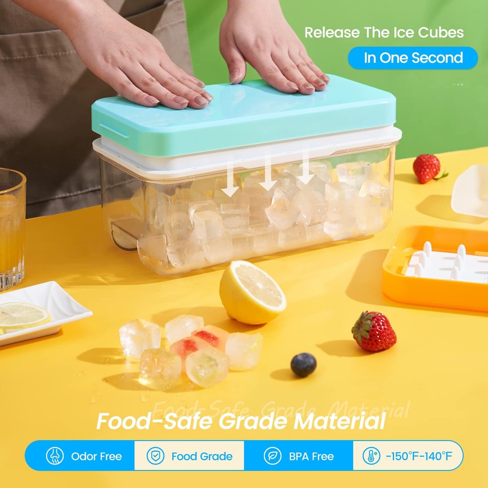 Blue 2 Tier Ice Cube Tray Set Easy Release BPA Free Includes Lid and Storage Bin