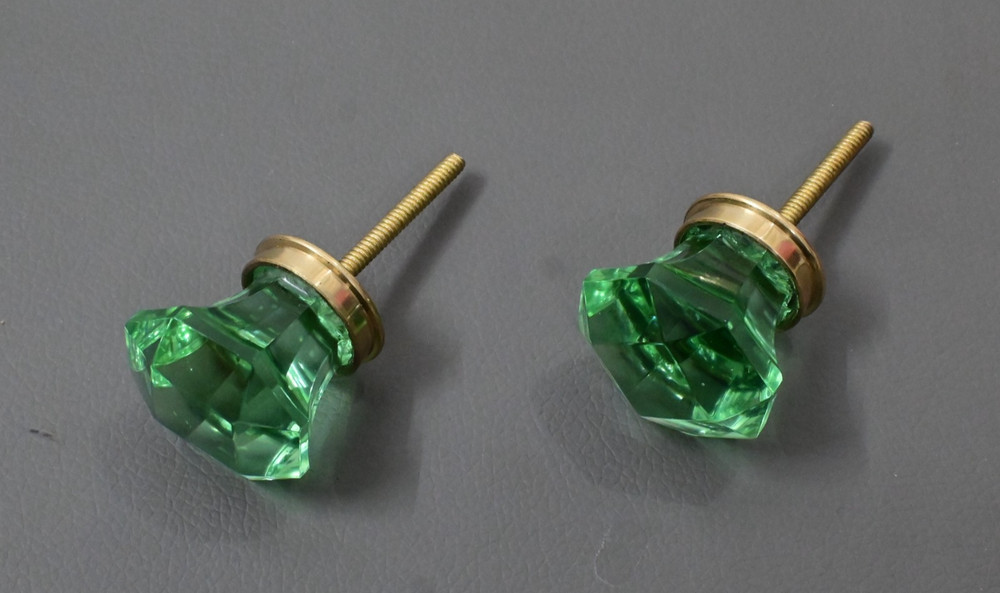 Vintage green victorian diamond cut glass drawer knob handle pull set 2PC