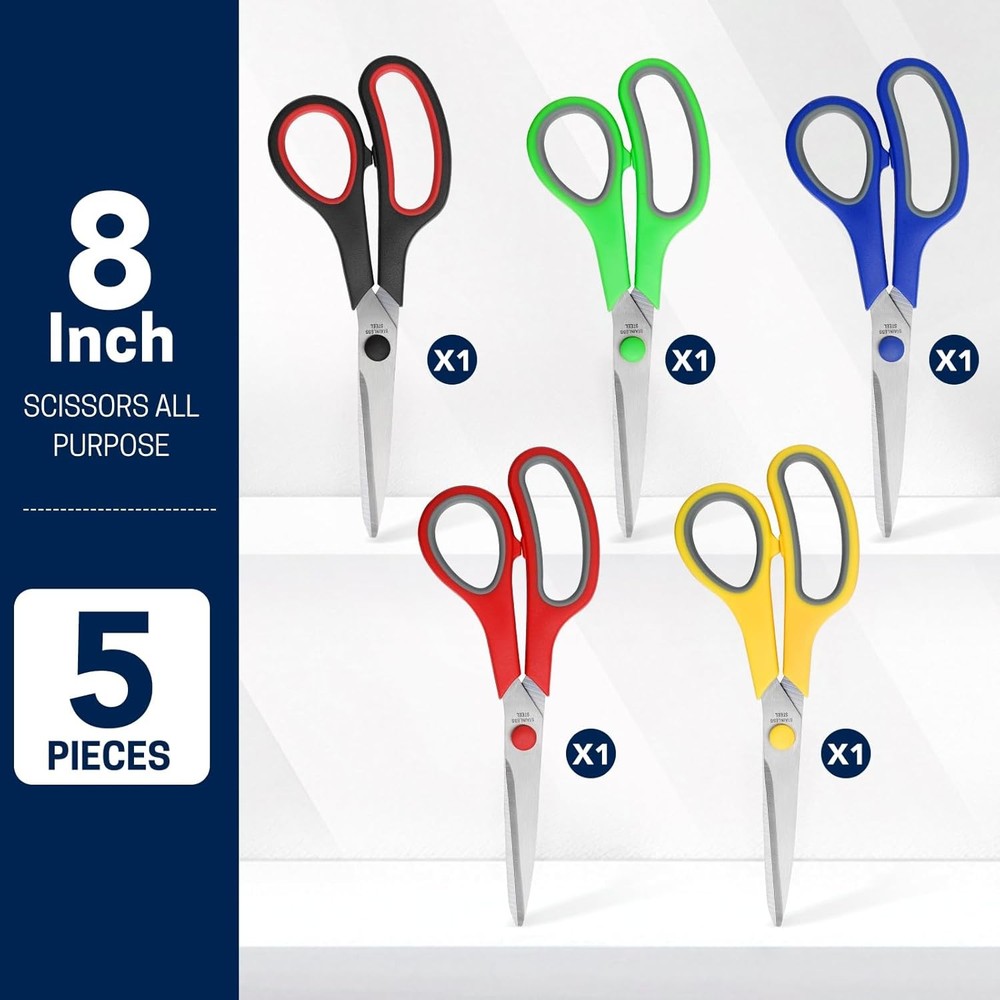5-Pack 8" Scissors All Purpose Comfort-Grip Handles Sharp Scissors for Office