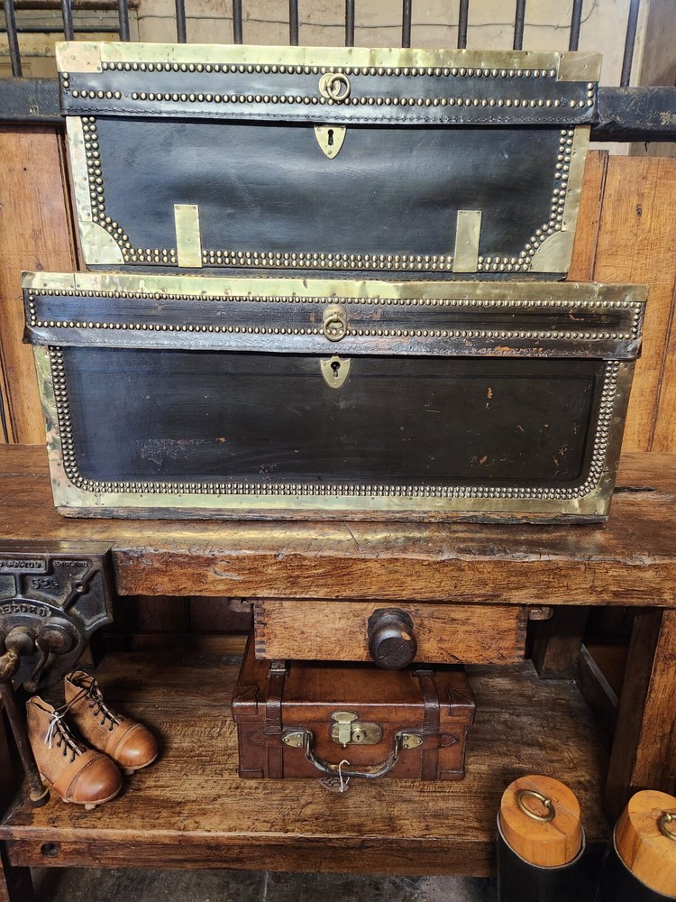 Antique Black Brass Rivetted Wooden Solid Trunk.