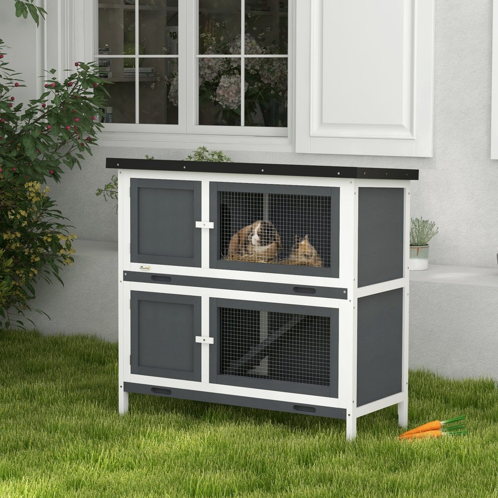 Solid Wood Rabbit/Bunny Hutch with 2 Large Main Rooms, Brown