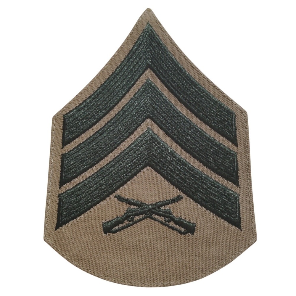 USMC Sergeant E‑5 Chevrons – Green on Khaki – Pair – 5‑1/4" × 3‑5/8"