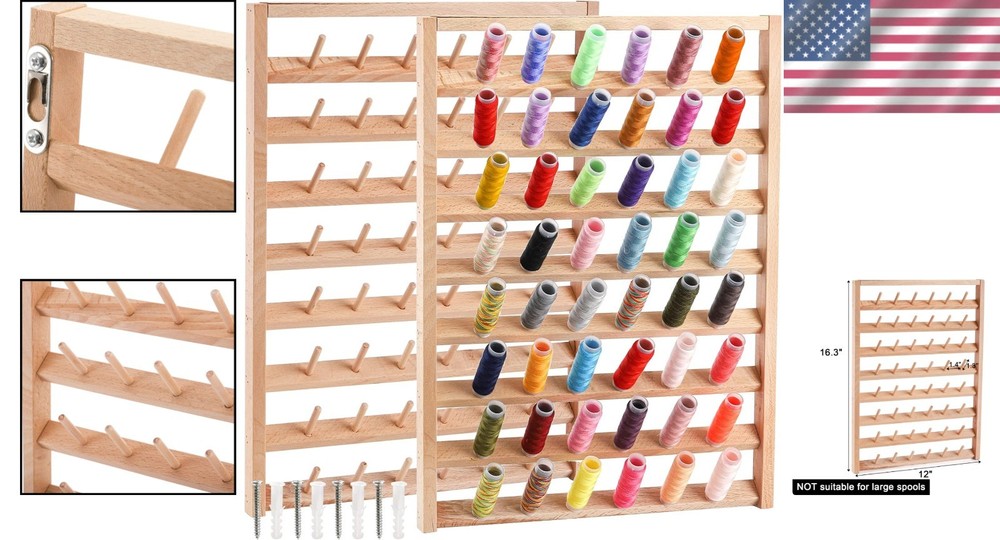Large 2 Pack Wooden Thread Racks, 48 Spools Wall Mount Storage Organizer for ...