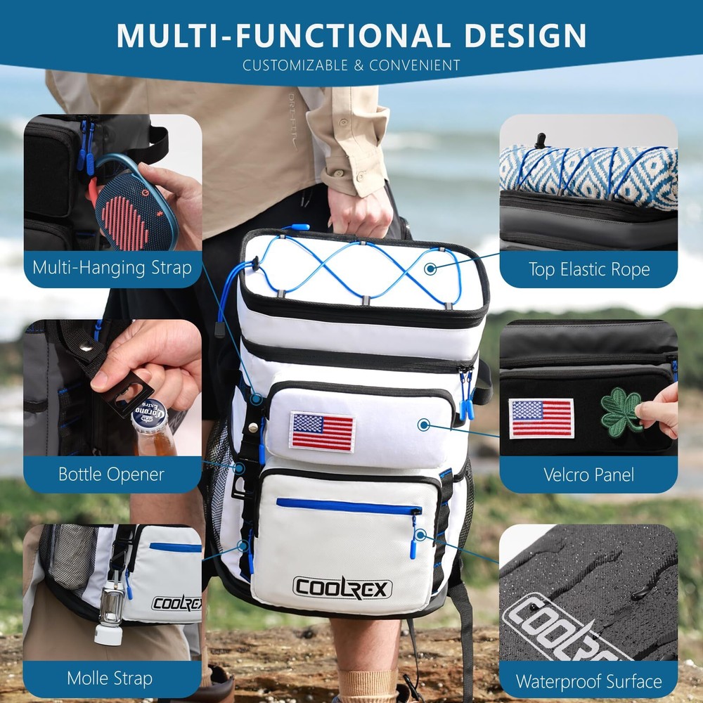 Large Backpack Cooler White 36 Can Cooler Backpack with 2 Insulated Compartme...