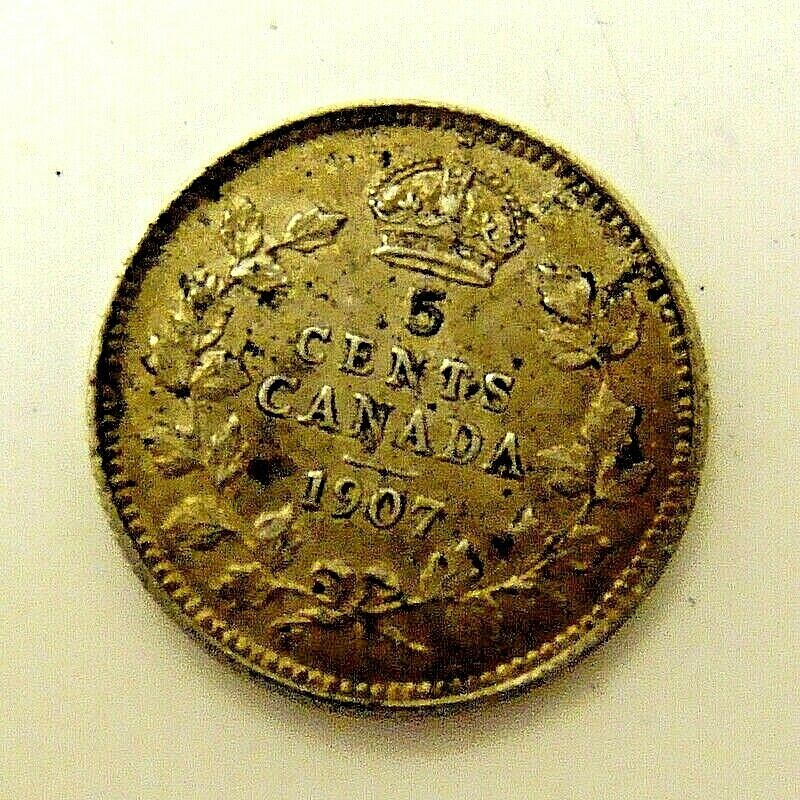 1907 XF+ PROBLEM FREE CANADA 5 CENT SILVER, FREE SHIPPING IN USA