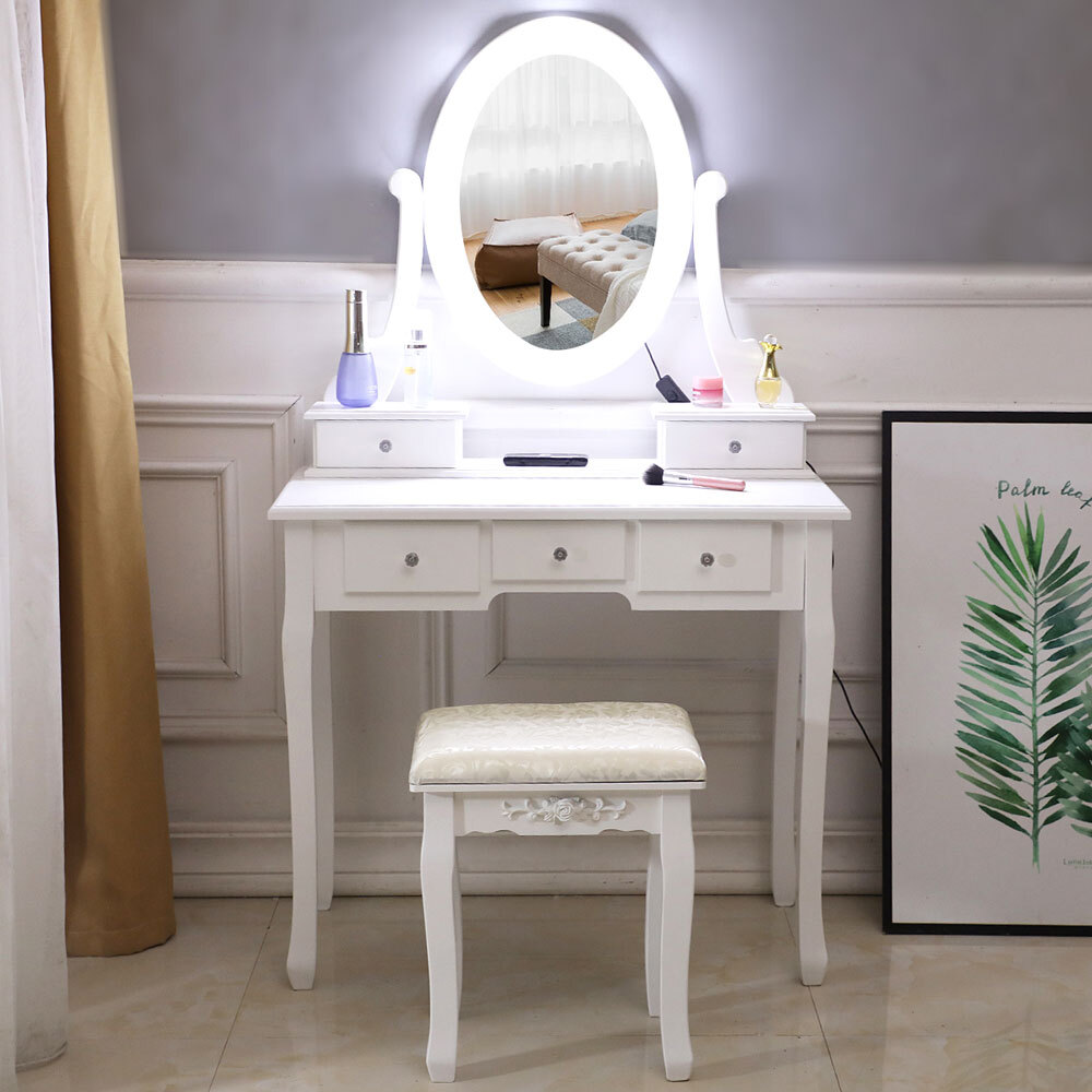AUTOFOREVER White with light bulb 5 drawers 1 mirror dressing table set