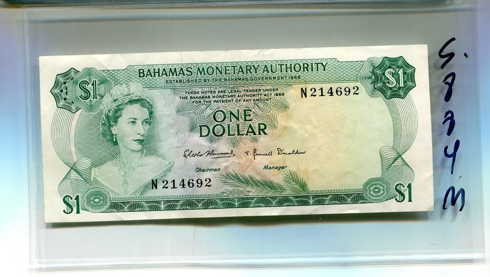 BAHAMAS 1968 $1 CURRENCY NOTE AU 5884M