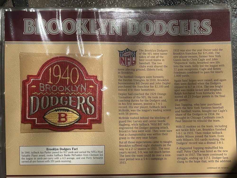 Brooklyn Dodgers Patch Willabee Ward Golden Age Patch Collection NFL 1940 APFA