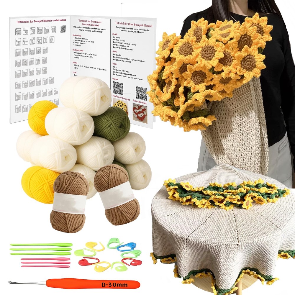 Blanket Kit Sunflower Beginner with Step by Step Instruction Tutorial Easy